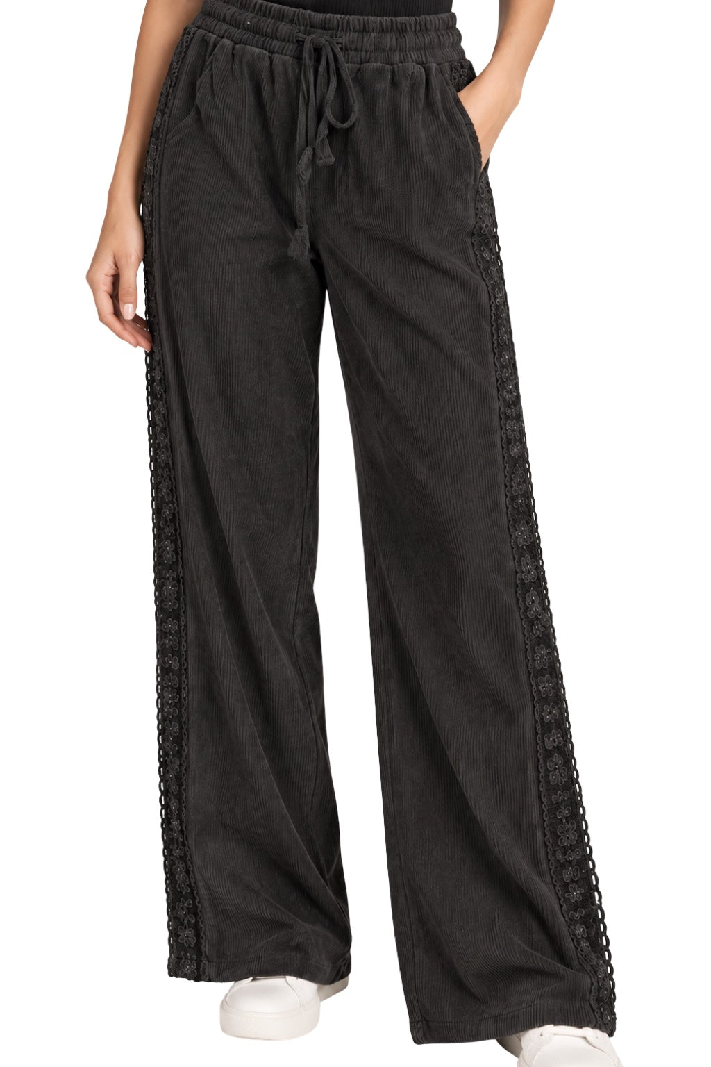 Pantaloni a Coste e Ricamo Laterale