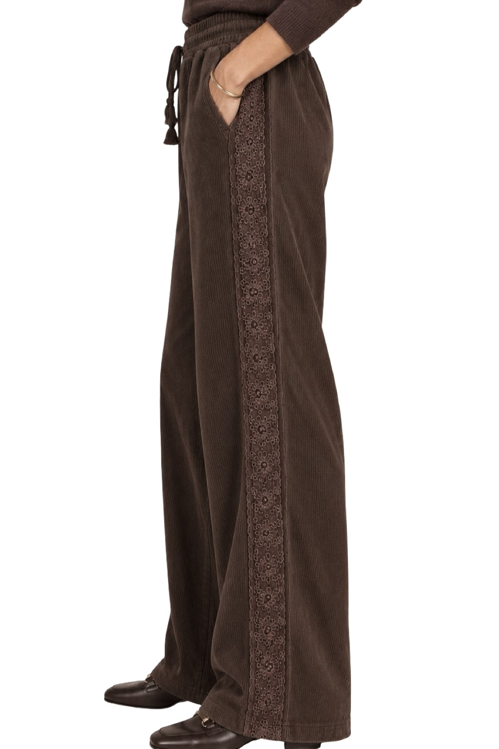 Pantaloni a Coste e Ricamo Laterale