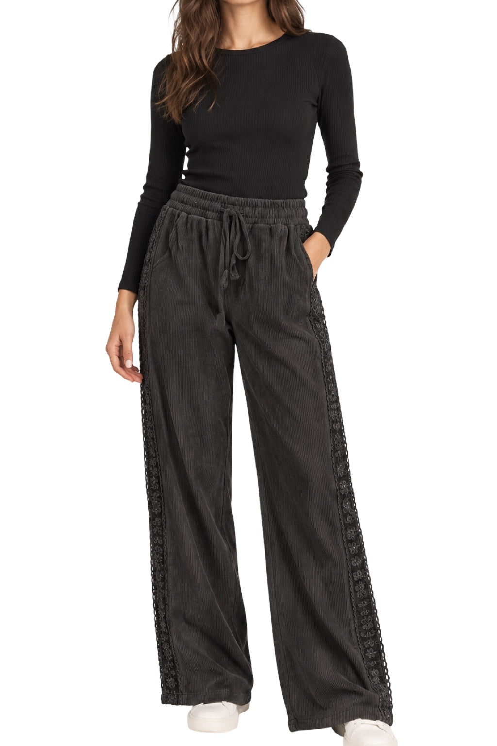 Pantaloni a Coste e Ricamo Laterale