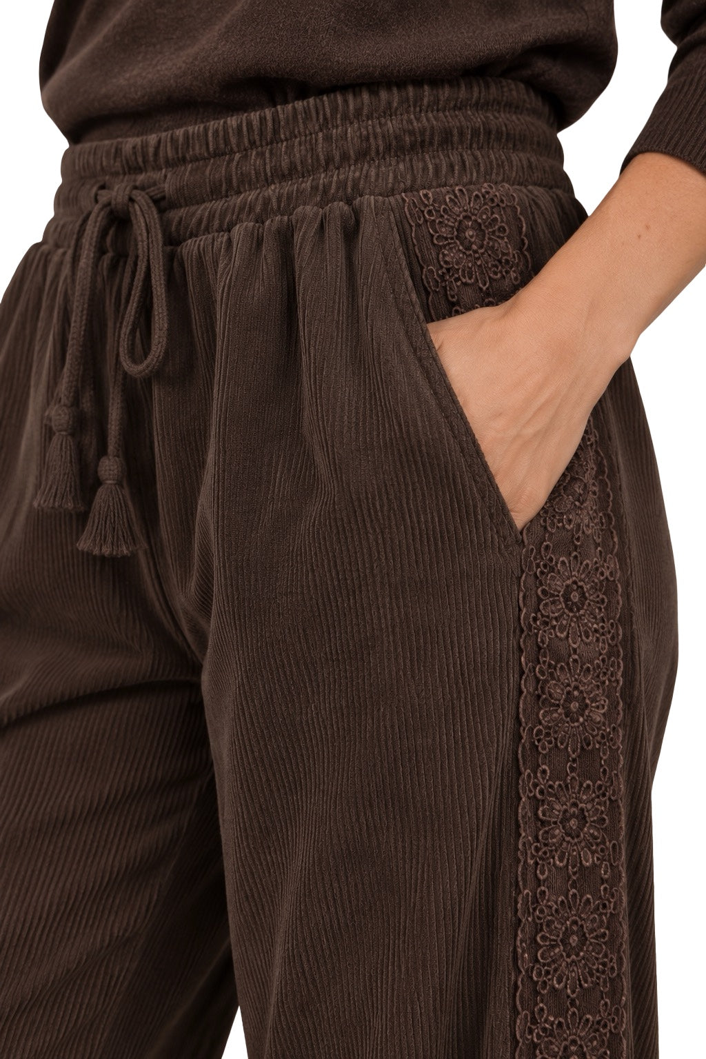 Pantaloni a Coste e Ricamo Laterale
