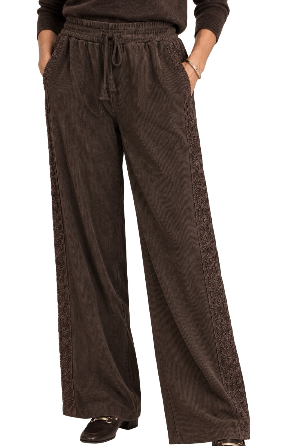 Pantaloni a Coste e Ricamo Laterale